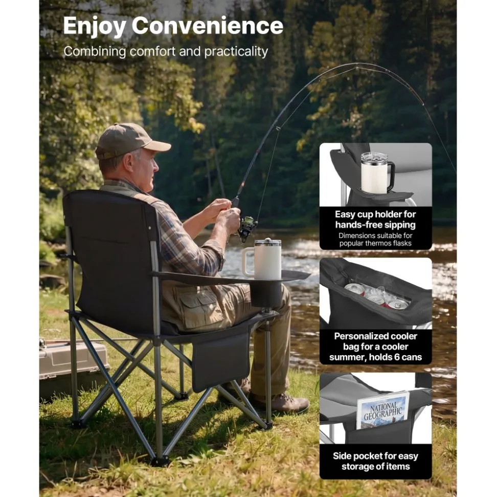 VEVOR Oversized Camping Chairs, 450 lbs Heavy Duty Support, Portable Folding Camp Chairs with Padded Backrest & Armrests, Cup Holder & Side Pocket, Cooler Bag, Carry Bags for Outdoor, Fishing, 2 Pack