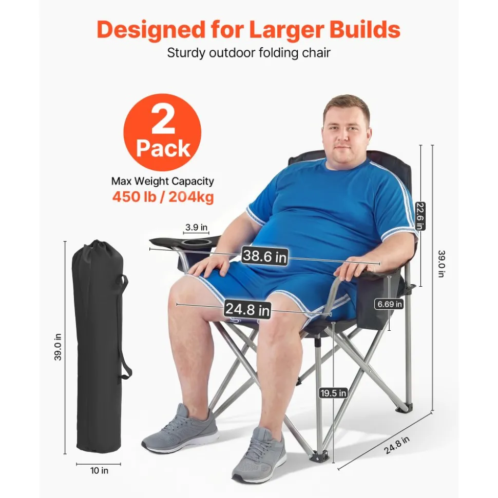 VEVOR Oversized Camping Chairs, 450 lbs Heavy Duty Support, Portable Folding Camp Chairs with Padded Backrest & Armrests, Cup Holder & Side Pocket, Cooler Bag, Carry Bags for Outdoor, Fishing, 2 Pack