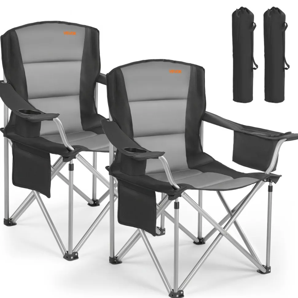 VEVOR Oversized Camping Chairs, 450 lbs Heavy Duty Support, Portable Folding Camp Chairs with Padded Backrest & Armrests, Cup Holder & Side Pocket, Cooler Bag, Carry Bags for Outdoor, Fishing, 2 Pack