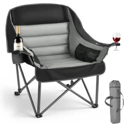 VEVOR Oversized Camping Chairs, 450 lbs Heavy Duty Support, Portable Padded Folding Camp Chairs with Dual Cup Holders & Wine Glass Holders, Carry Bag for Outdoor, Fishing, Black & Gray, 1 Pack