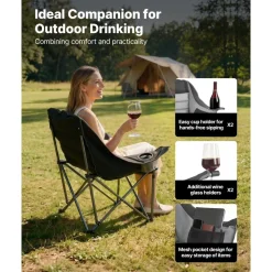 VEVOR Oversized Camping Chairs, 450 lbs Heavy Duty Support, Portable Padded Folding Camp Chairs with Dual Cup Holders & Wine Glass Holders, Carry Bag for Outdoor, Fishing, Black & Gray, 1 Pack