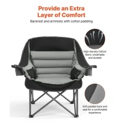 VEVOR Oversized Camping Chairs, 450 lbs Heavy Duty Support, Portable Padded Folding Camp Chairs with Dual Cup Holders & Wine Glass Holders, Carry Bag for Outdoor, Fishing, Black & Gray, 1 Pack
