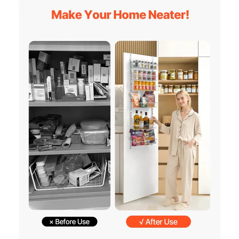 VEVOR Over the Door Pantry Organizer, 6-Tier Pantry Organization and Storage, Heavy-Duty Steel Hanging Spice Rack, Adjustable Wall Seasoning Shelves, for Home Kitchen Laundry Room Bathroom, White