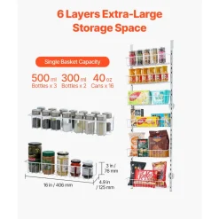 VEVOR Over the Door Pantry Organizer, 6-Tier Pantry Organization and Storage, Heavy-Duty Steel Hanging Spice Rack, Adjustable Wall Seasoning Shelves, for Home Kitchen Laundry Room Bathroom, White