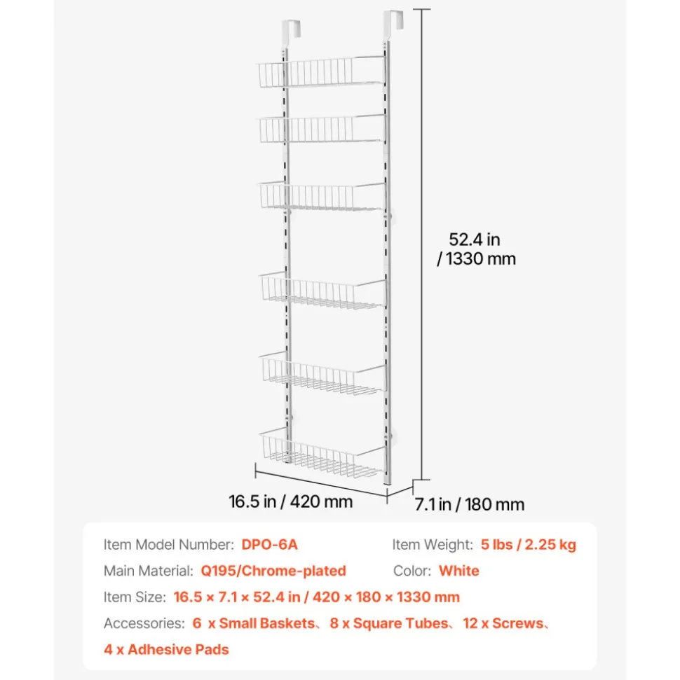 VEVOR Over the Door Pantry Organizer, 6-Tier Pantry Organization and Storage, Heavy-Duty Steel Hanging Spice Rack, Adjustable Wall Seasoning Shelves, for Home Kitchen Laundry Room Bathroom, White