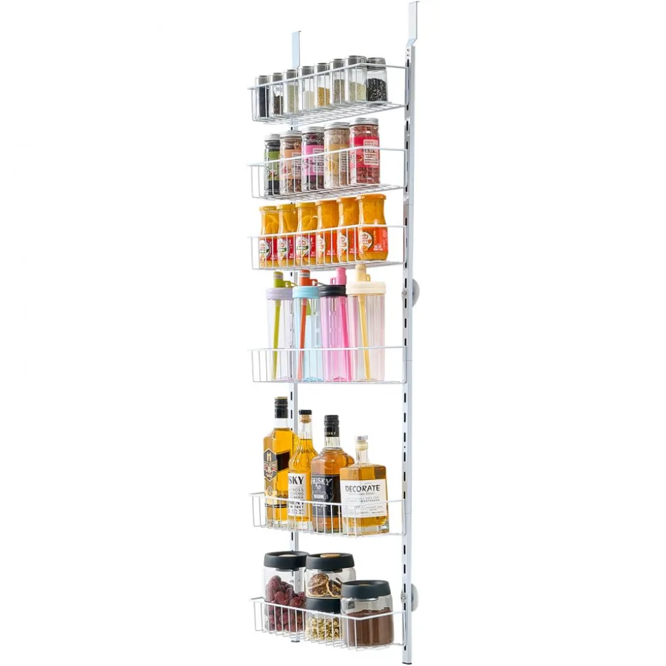 VEVOR Over the Door Pantry Organizer, 6-Tier Pantry Organization and Storage, Heavy-Duty Steel Hanging Spice Rack, Adjustable Wall Seasoning Shelves, for Home Kitchen Laundry Room Bathroom, White