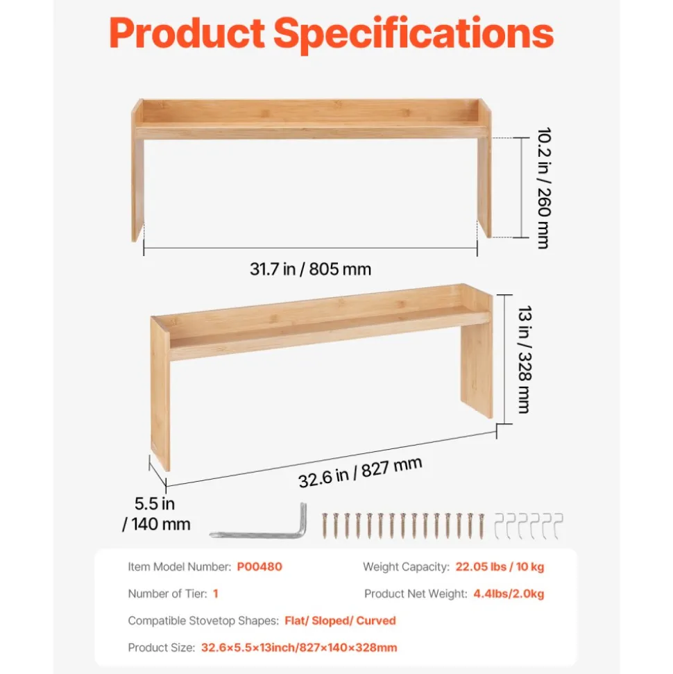 VEVOR Over the Stove Shelf, Over Stove Spice Shelf for Kitchen Stove Top, Seasoning Shelves, Spice Organizer, Easy to Assemble Countertop Storage Solution, Kitchen Gadgets with 6 Hooks