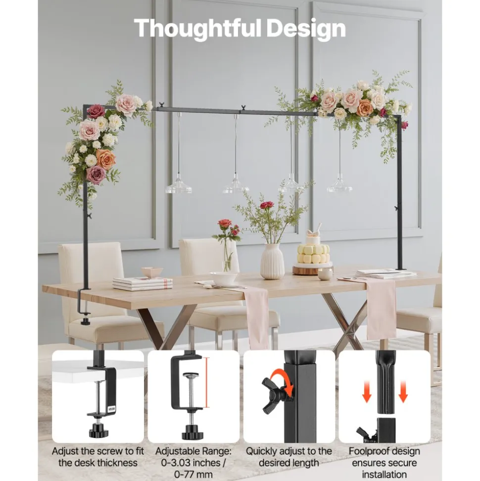 VEVOR Over The Table Rod Stand with Clamps, 13"-42" Tall & 28"-98" Length Adjustable, 2 Packs Table Arch Stand, Tabletop Balloon Arch Frame for Wedding Birthday Party Christmas Decorations, Black
