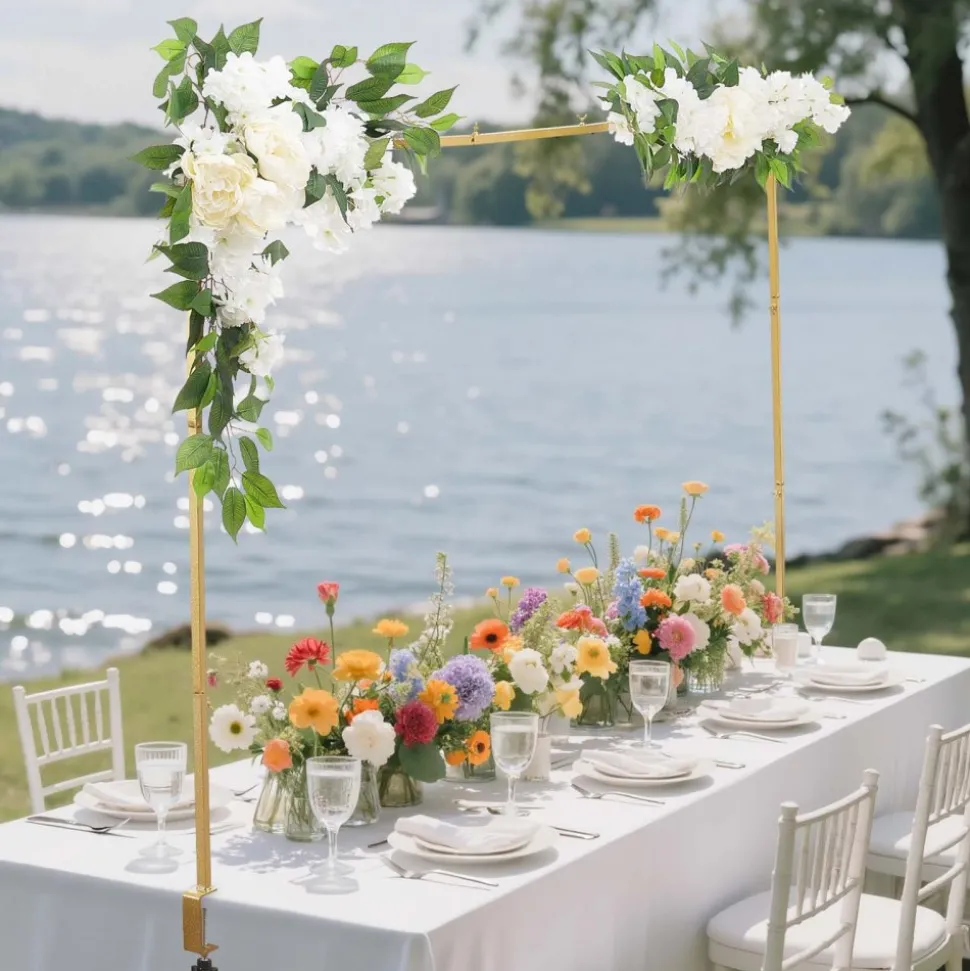 VEVOR Over the Table Rod Stand with Clamps, Adjustable 28"-98" Length & 13"-42" Height, Table Arch Stand with Floral Accessories, Gold Balloon Frame for Wedding Birthday Party Christmas Decoration