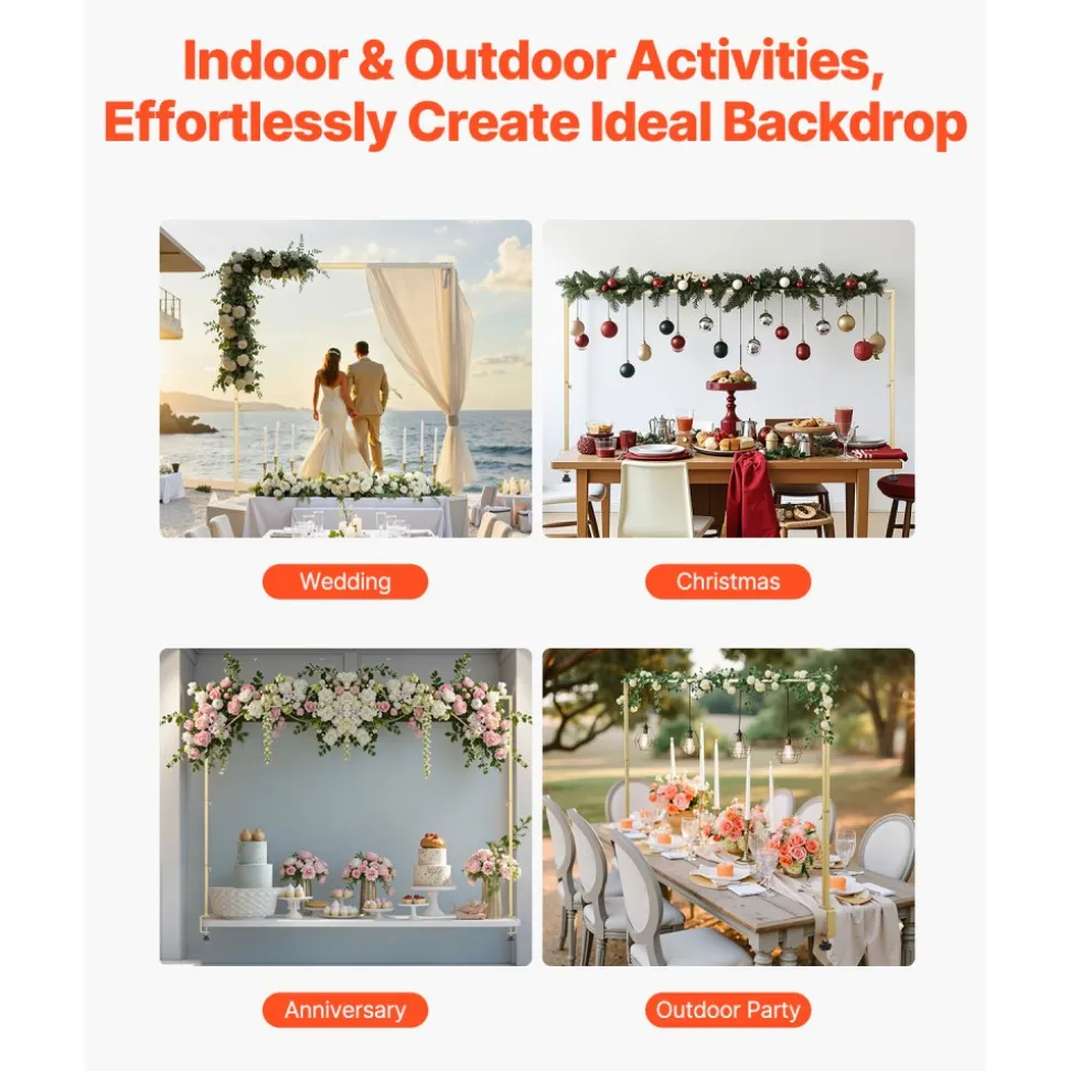 VEVOR Over The Table Rod Stand with Clamps, 13"-42" Tall & 28"-98" Length Adjustable, Metal Table Arch Stand with Rattan, Tabletop Balloon Arch Frame for Wedding Birthday Christmas Decorations, Gold