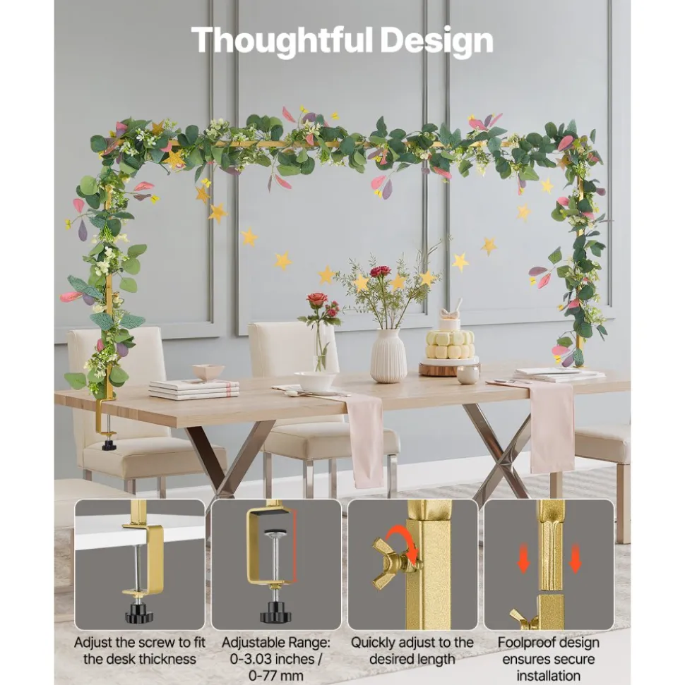 VEVOR Over The Table Rod Stand with Clamps, 13"-42" Tall & 28"-98" Length Adjustable, Metal Table Arch Stand with Rattan, Tabletop Balloon Arch Frame for Wedding Birthday Christmas Decorations, Gold