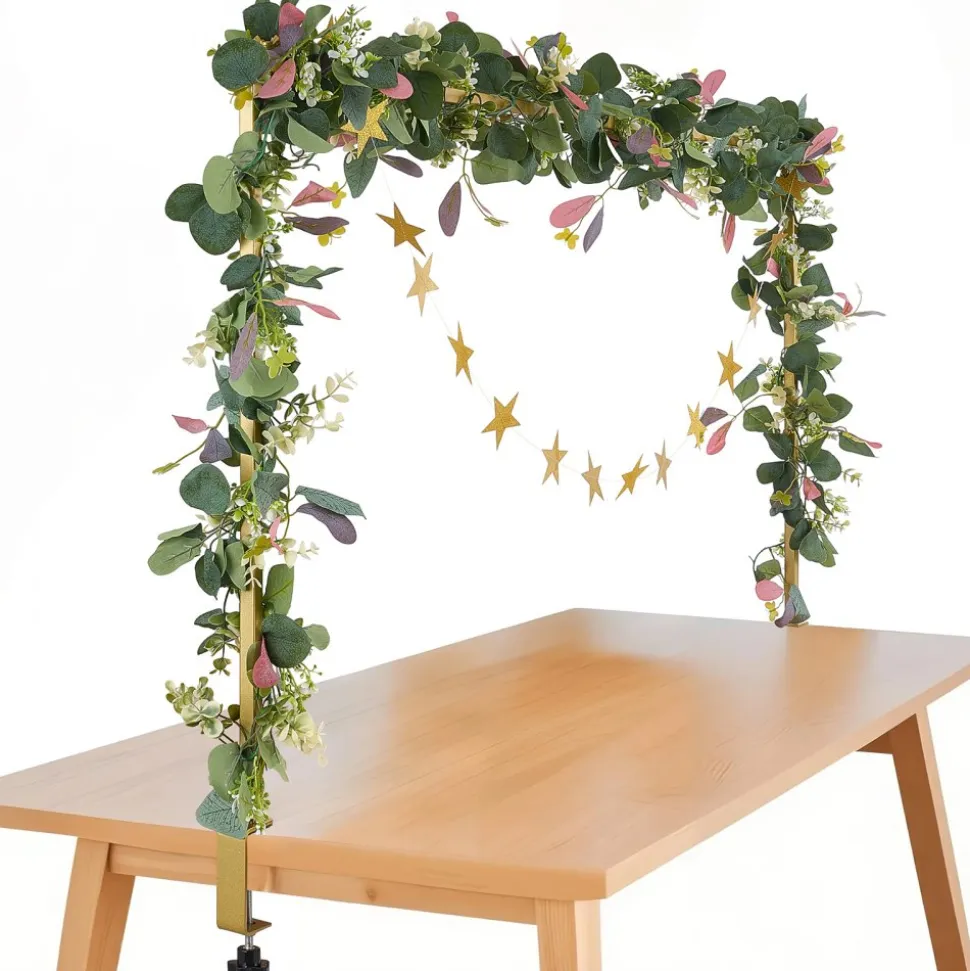 VEVOR Over The Table Rod Stand with Clamps, 13"-42" Tall & 28"-98" Length Adjustable, Metal Table Arch Stand with Rattan, Tabletop Balloon Arch Frame for Wedding Birthday Christmas Decorations, Gold