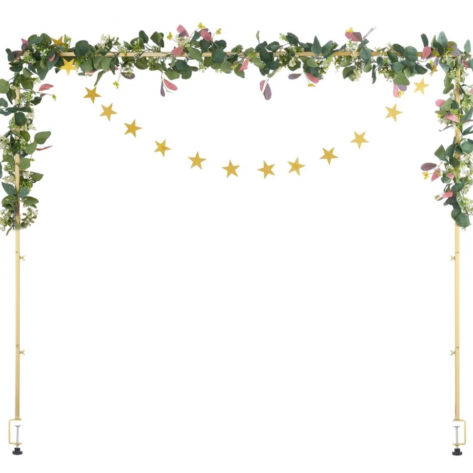 VEVOR Over The Table Rod Stand with Clamps, 13"-42" Tall & 28"-98" Length Adjustable, Metal Table Arch Stand with Rattan, Tabletop Balloon Arch Frame for Wedding Birthday Christmas Decorations, Gold
