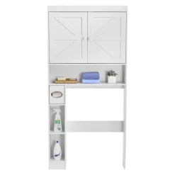VEVOR Over The Toilet Storage Cabinet, 67.44 in Height Bathroom Storage Organizer with Double Door and Adjustable Shelf, Bathroom Space Saver Organizer Above Toilet with Open Shelf, White