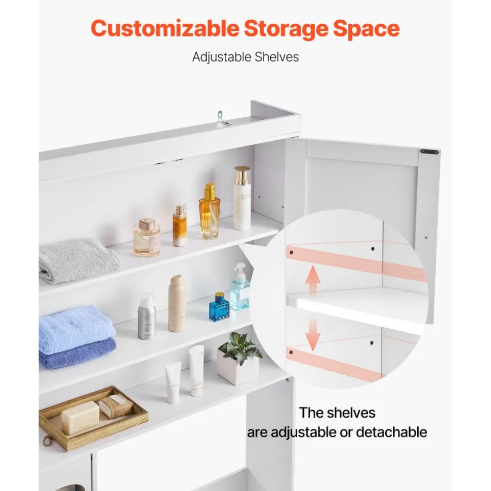 VEVOR Over The Toilet Storage Cabinet, 67.44 in Height Bathroom Storage Organizer with Double Door and Adjustable Shelf, Bathroom Space Saver Organizer Above Toilet with Open Shelf, White