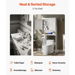 VEVOR Over The Toilet Storage Cabinet, 67.44 in Height Bathroom Storage Organizer with Double Door and Adjustable Shelf, Bathroom Space Saver Organizer Above Toilet with Open Shelf, White