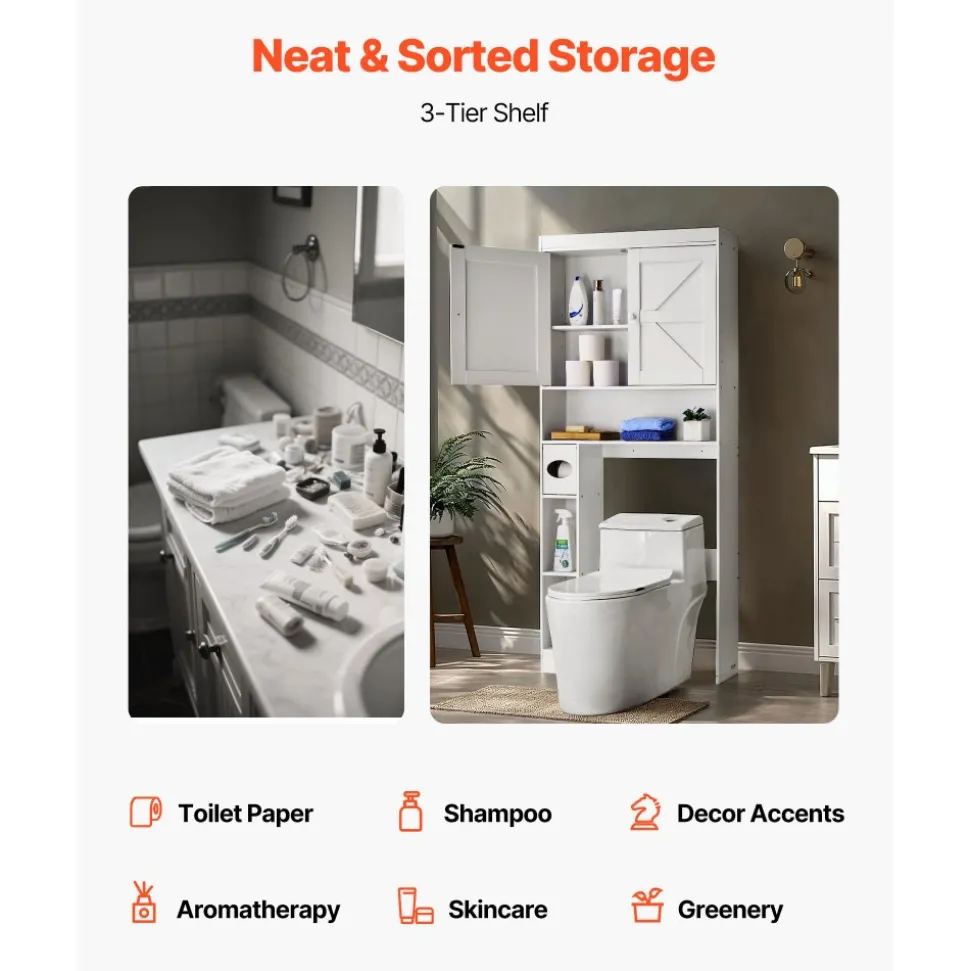 VEVOR Over The Toilet Storage Cabinet, 67.44 in Height Bathroom Storage Organizer with Double Door and Adjustable Shelf, Bathroom Space Saver Organizer Above Toilet with Open Shelf, White