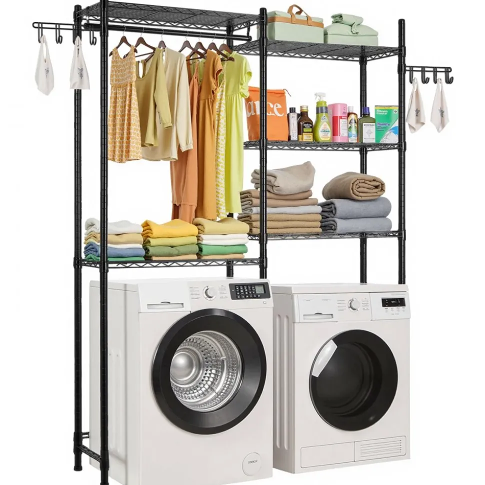 VEVOR Over Washer and Dryer Storage Shelves, 5 Tiers Laundry Room Drying Rack with Hanger Rod and Hooks, Two Rows Adjustable Washer Shelves Space Saver, for Laundry Room Storage & Organization, Black