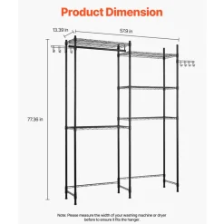 VEVOR Over Washer and Dryer Storage Shelves, 5 Tiers Laundry Room Drying Rack with Hanger Rod and Hooks, Two Rows Adjustable Washer Shelves Space Saver, for Laundry Room Storage & Organization, Black