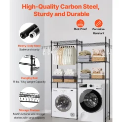 VEVOR Over Washer and Dryer Storage Shelves, 5 Tiers Laundry Room Drying Rack with Hanger Rod and Hooks, Two Rows Adjustable Washer Shelves Space Saver, for Laundry Room Storage & Organization, Black