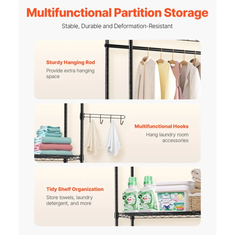 VEVOR Over Washer and Dryer Storage Shelves, 5 Tiers Laundry Room Drying Rack with Hanger Rod and Hooks, Two Rows Adjustable Washer Shelves Space Saver, for Laundry Room Storage & Organization, White