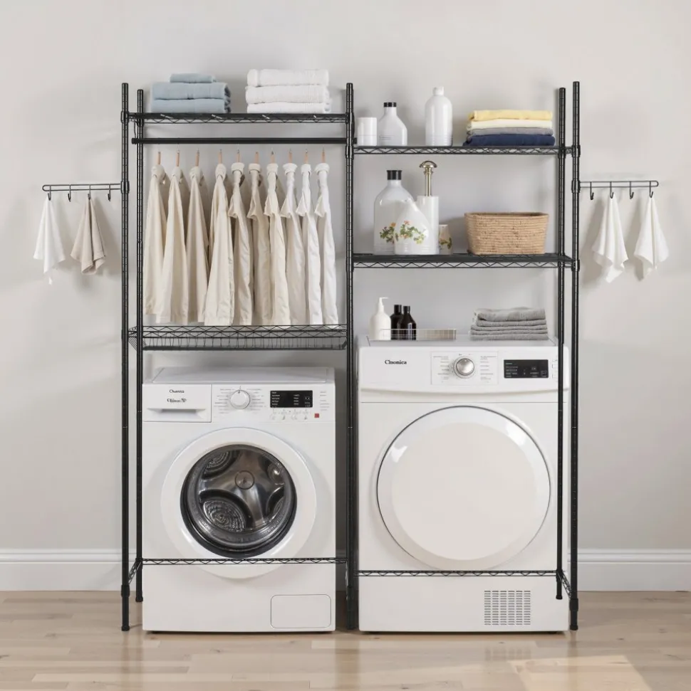 VEVOR Over Washer and Dryer Storage Shelves, 5 Tiers Laundry Room Drying Rack with Hanger Rod and Hooks, Two Rows Adjustable Washer Shelves Space Saver, for Laundry Room Storage & Organization, White