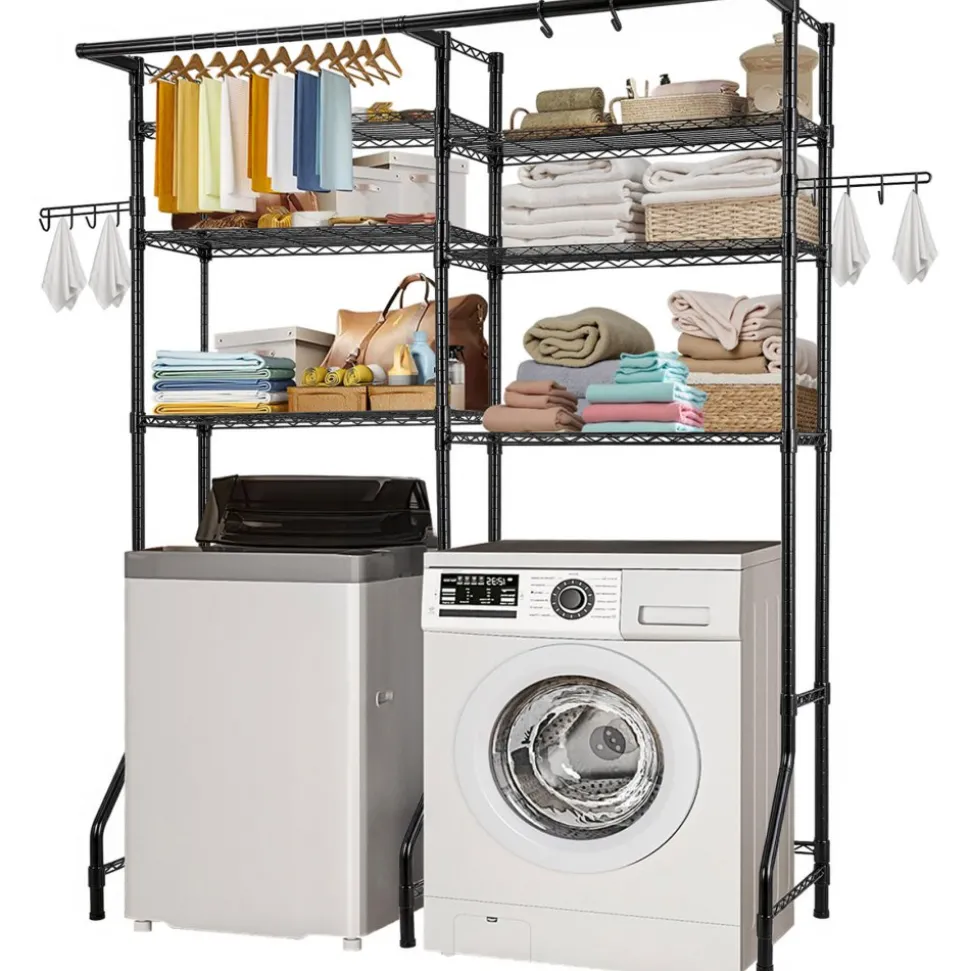 VEVOR Over Washer and Dryer Storage Shelves, 6 Tiers Laundry Room Drying Rack with Hanger Rod and Hooks, Two Rows Adjustable Washer Shelves Space Saver, for Laundry Room Storage & Organization, Black