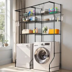 VEVOR Over Washer and Dryer Storage Shelves, 6 Tiers Laundry Room Drying Rack with Hanger Rod and Hooks, Two Rows Adjustable Washer Shelves Space Saver, for Laundry Room Storage & Organization, Black