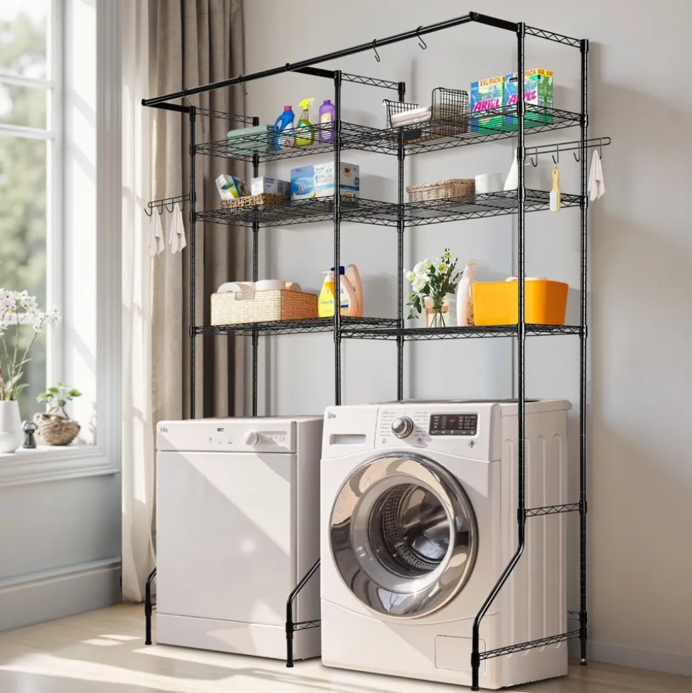 VEVOR Over Washer and Dryer Storage Shelves, 6 Tiers Laundry Room Drying Rack with Hanger Rod and Hooks, Two Rows Adjustable Washer Shelves Space Saver, for Laundry Room Storage & Organization, Black