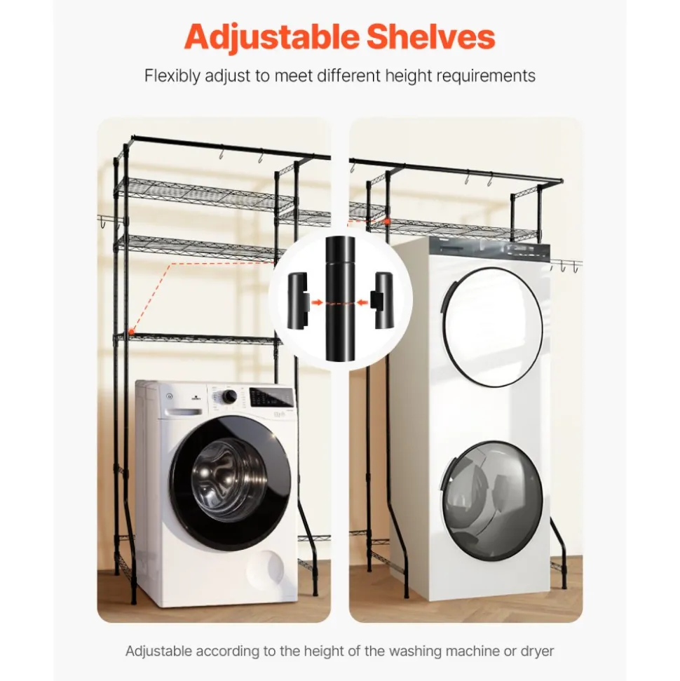 VEVOR Over Washer and Dryer Storage Shelves, 6 Tiers Laundry Room Drying Rack with Hanger Rod and Hooks, Two Rows Adjustable Washer Shelves Space Saver, for Laundry Room Storage & Organization, Black