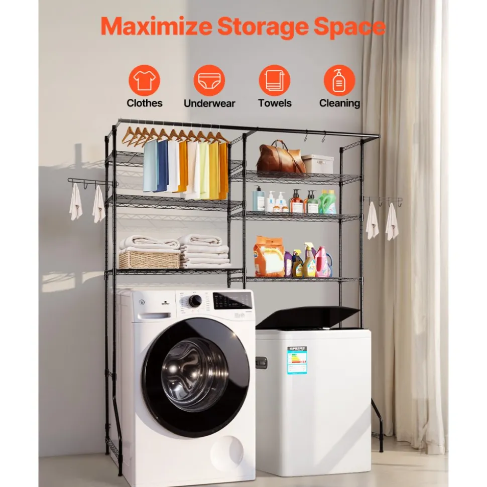 VEVOR Over Washer and Dryer Storage Shelves, 6 Tiers Laundry Room Drying Rack with Hanger Rod and Hooks, Two Rows Adjustable Washer Shelves Space Saver, for Laundry Room Storage & Organization, Black