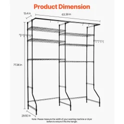 VEVOR Over Washer and Dryer Storage Shelves, 6 Tiers Laundry Room Drying Rack with Hanger Rod and Hooks, Two Rows Adjustable Washer Shelves Space Saver, for Laundry Room Storage & Organization, Black