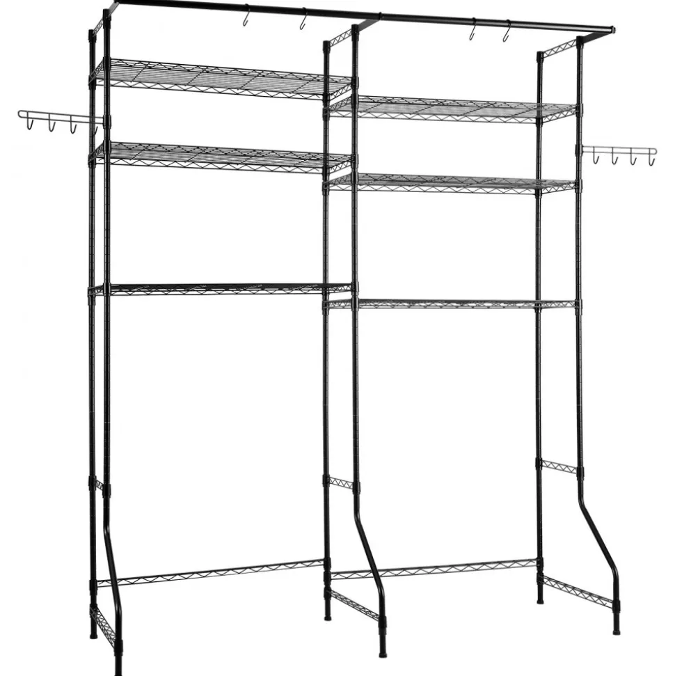 VEVOR Over Washer and Dryer Storage Shelves, 6 Tiers Laundry Room Drying Rack with Hanger Rod and Hooks, Two Rows Adjustable Washer Shelves Space Saver, for Laundry Room Storage & Organization, Black