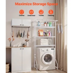 VEVOR Over Washer and Dryer Storage Shelf, 3 Tiers Laundry Room Drying Rack with Hanger Rod and Hooks, Single Row Adjustable Washer Shelves Space Saver, for Laundry Room Storage & Organization, White