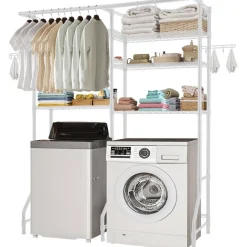 VEVOR Over Washer and Dryer Storage Shelves, 6 Tiers Laundry Room Drying Rack with Hanger Rod and Hooks, Two Rows Adjustable Washer Shelves Space Saver, for Laundry Room Storage & Organization, White
