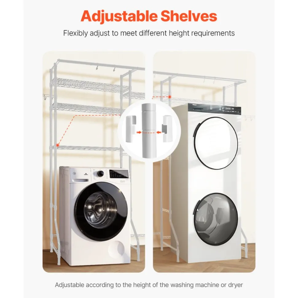 VEVOR Over Washer and Dryer Storage Shelves, 6 Tiers Laundry Room Drying Rack with Hanger Rod and Hooks, Two Rows Adjustable Washer Shelves Space Saver, for Laundry Room Storage & Organization, White