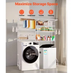 VEVOR Over Washer and Dryer Storage Shelves, 6 Tiers Laundry Room Drying Rack with Hanger Rod and Hooks, Two Rows Adjustable Washer Shelves Space Saver, for Laundry Room Storage & Organization, White