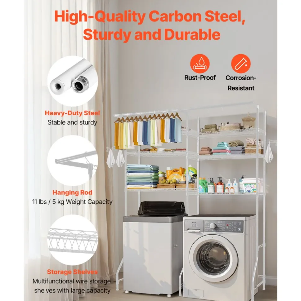 VEVOR Over Washer and Dryer Storage Shelves, 6 Tiers Laundry Room Drying Rack with Hanger Rod and Hooks, Two Rows Adjustable Washer Shelves Space Saver, for Laundry Room Storage & Organization, White