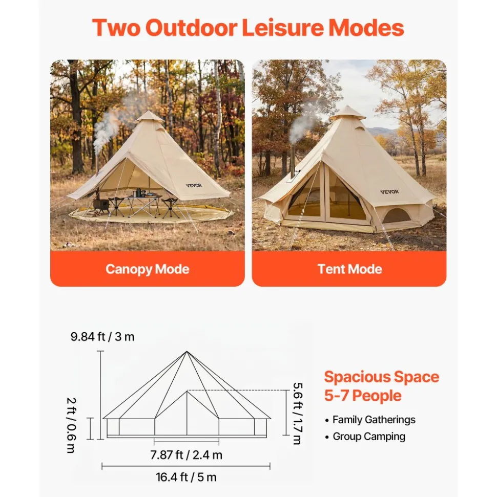VEVOR Oxford Bell Tent, 4 Seasons 16.4 ft Yurt Tent for Camping with Stove Jack, Waterproof Breathable Holds up to 7 People with Zipped Detachable Floor, Family Camping Glamping Outdoor Hunting Party