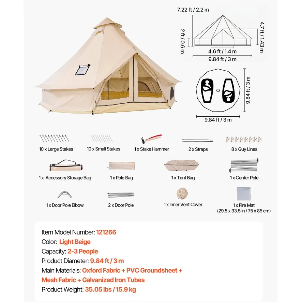 VEVOR Oxford Bell Tent, 4 Seasons 9.84 ft Yurt Tent for Camping with Stove Jack, Waterproof Breathable Holds up to 3 People with Zipped Detachable Floor, Family Camping Glamping Outdoor Hunting Party