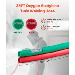 VEVOR Oxygen Acetylene Hose, 1/4-Inch x 25FT Oxy Acetylene Hose with 9/16"-18 LH/RH B Fittings, R Grade Welding Torch Twin Hose with 300PSI Maximum Working Pressure for Cutting Soldering Brazing
