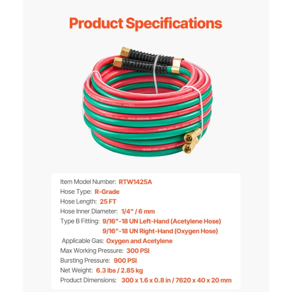 VEVOR Oxygen Acetylene Hose, 1/4-Inch x 25FT Oxy Acetylene Hose with 9/16"-18 LH/RH B Fittings, R Grade Welding Torch Twin Hose with 300PSI Maximum Working Pressure for Cutting Soldering Brazing