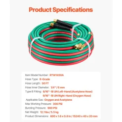VEVOR Oxygen Acetylene Hose, 1/4-Inch x 50FT Oxy Acetylene Hose with 9/16"-18 LH/RH B Fittings, R Grade Welding Torch Twin Hose with 300PSI Maximum Working Pressure for Cutting Soldering Brazing