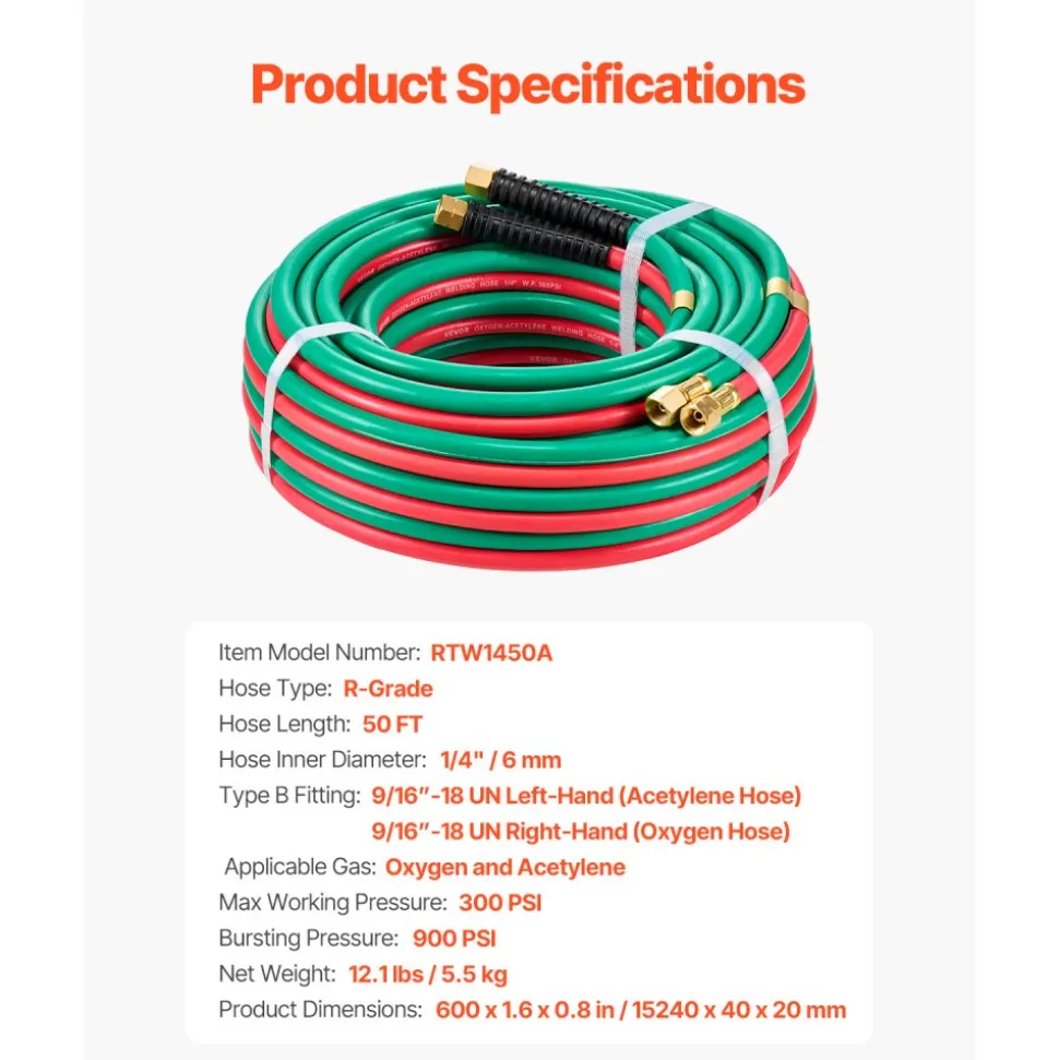 VEVOR Oxygen Acetylene Hose, 1/4-Inch x 50FT Oxy Acetylene Hose with 9/16"-18 LH/RH B Fittings, R Grade Welding Torch Twin Hose with 300PSI Maximum Working Pressure for Cutting Soldering Brazing