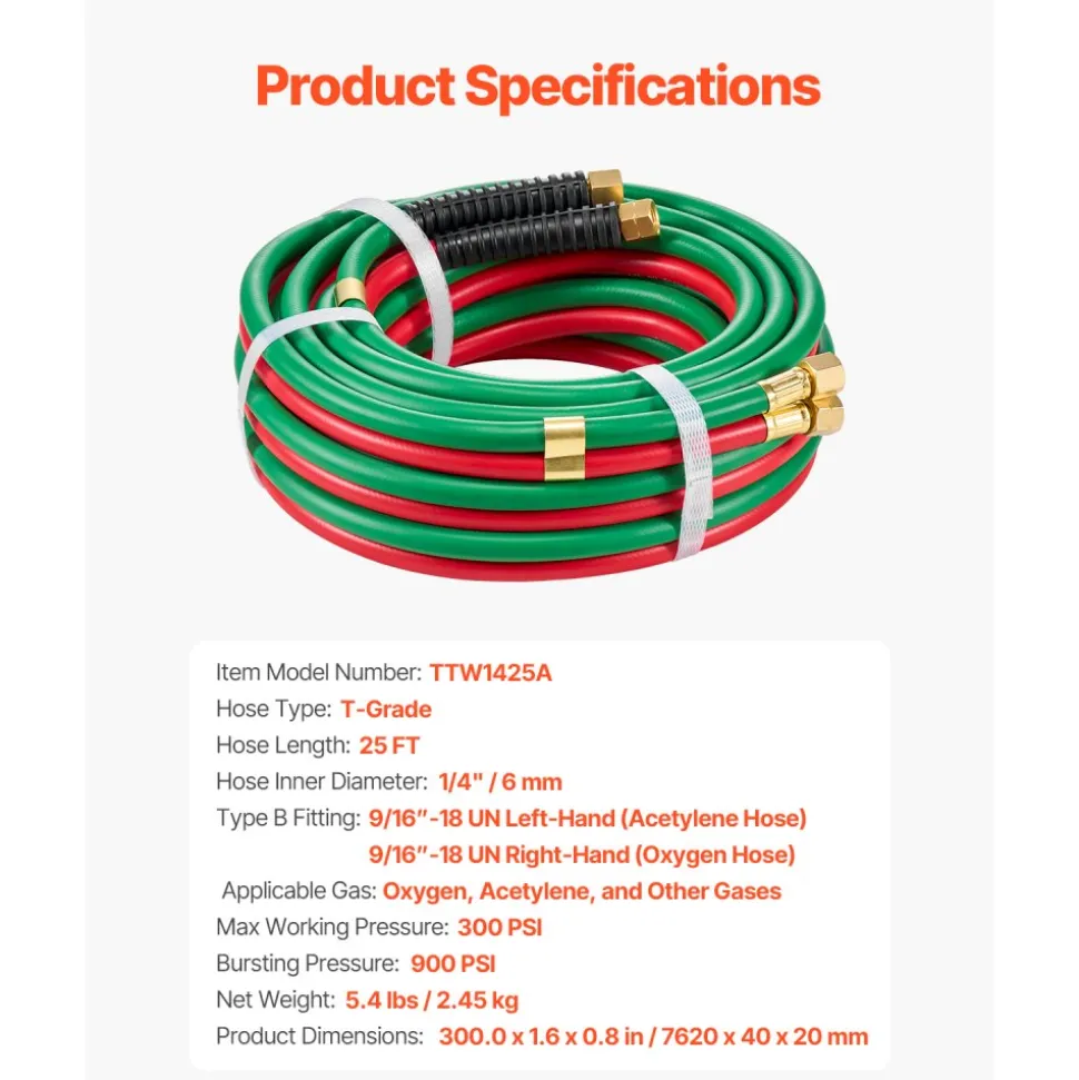 VEVOR Oxygen Acetylene Hose, 1/4-Inch x 25FT Oxy Acetylene Hose with 9/16"-18 B Fitting, 300PSI T Grade Welding Cutting Torch Twin Hose, Compatible with Oxygen, Acetylene, Propane and Other Fuel Gases