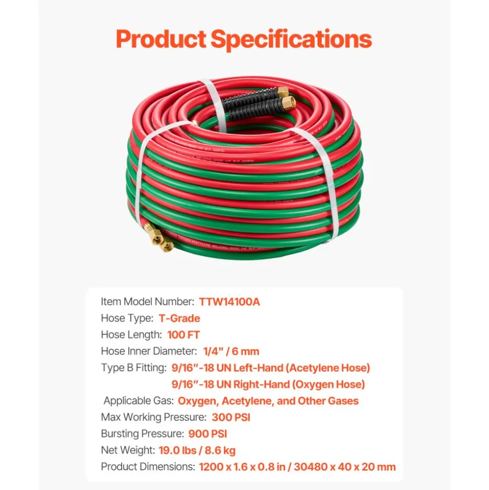 VEVOR Oxygen Acetylene Hose, 1/4-Inch x 100FT Oxy Acetylene Hose with 9/16"-18 B Fitting, 300PSI T Grade Welding Cutting Torch Twin Hose, Compatible with Oxygen, Acetylene, Propane and Other Fuel Gases