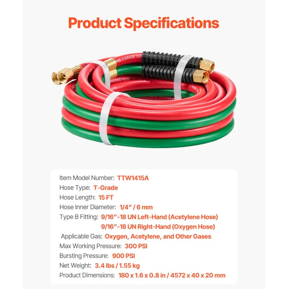 VEVOR Oxygen Acetylene Hose, 1/4-Inch x 15FT Oxy Acetylene Hose with 9/16"-18 B Fitting, 300PSI T Grade Welding Cutting Torch Twin Hose, Compatible with Oxygen, Acetylene, Propane and Other Fuel Gases