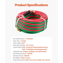 VEVOR Oxygen Acetylene Hose, 1/4-Inch x 50FT Oxy Acetylene Hose with 9/16"-18 B Fitting, 300PSI T Grade Welding Cutting Torch Twin Hose, Compatible with Oxygen, Acetylene, Propane and Other Fuel Gases