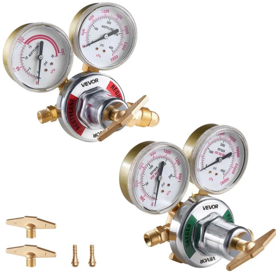 VEVOR Oxygen Acetylene Regulator Set, Oxy-Acetylene Regulators, 0-4000PSI and 0-400PSI Welding Gas Gauges with CGA-540/CGA-510 Inlet Connection & 9/16"-18 Outlet Connection, T-Handle Adjustment