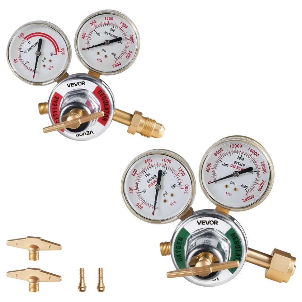 VEVOR Oxygen Acetylene Regulator Set, Oxy-Acetylene Regulators, 0-4000PSI and 0-400PSI Welding Gas Gauges with CGA-540/CGA-510 Inlet Connection & 9/16"-18 Outlet Connection, T-Handle Adjustment